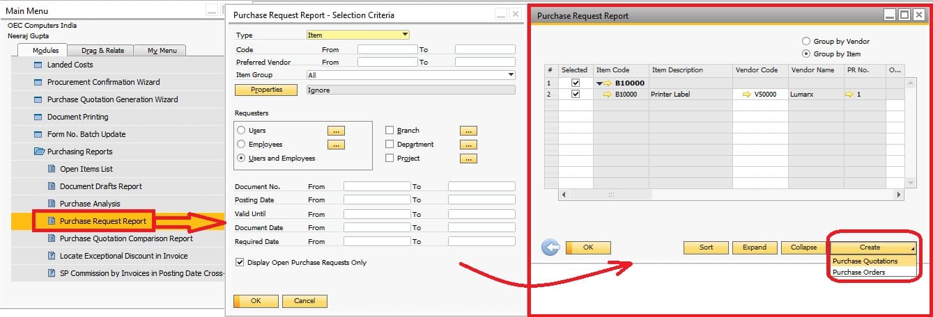 Purchase Request Report purchase request in sap business one 9.0