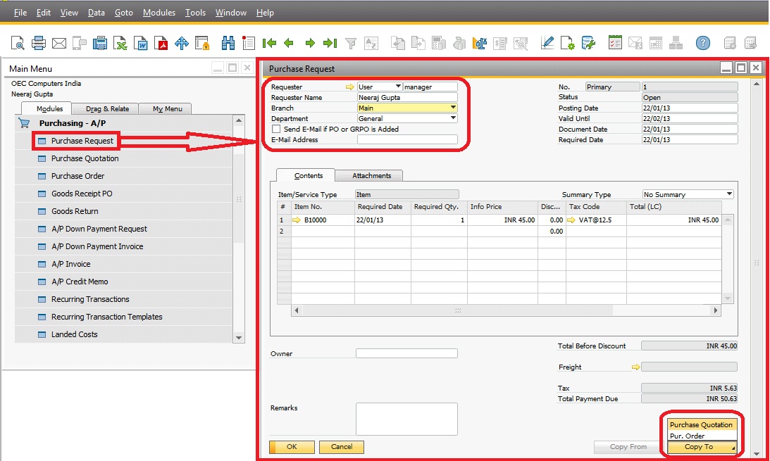 purchase request in sap business one 9.0