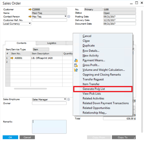 Pick List in SAP Business One