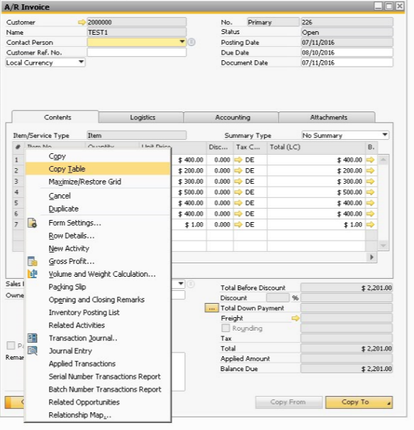 Copy-Paste Table Content in SAP Business One