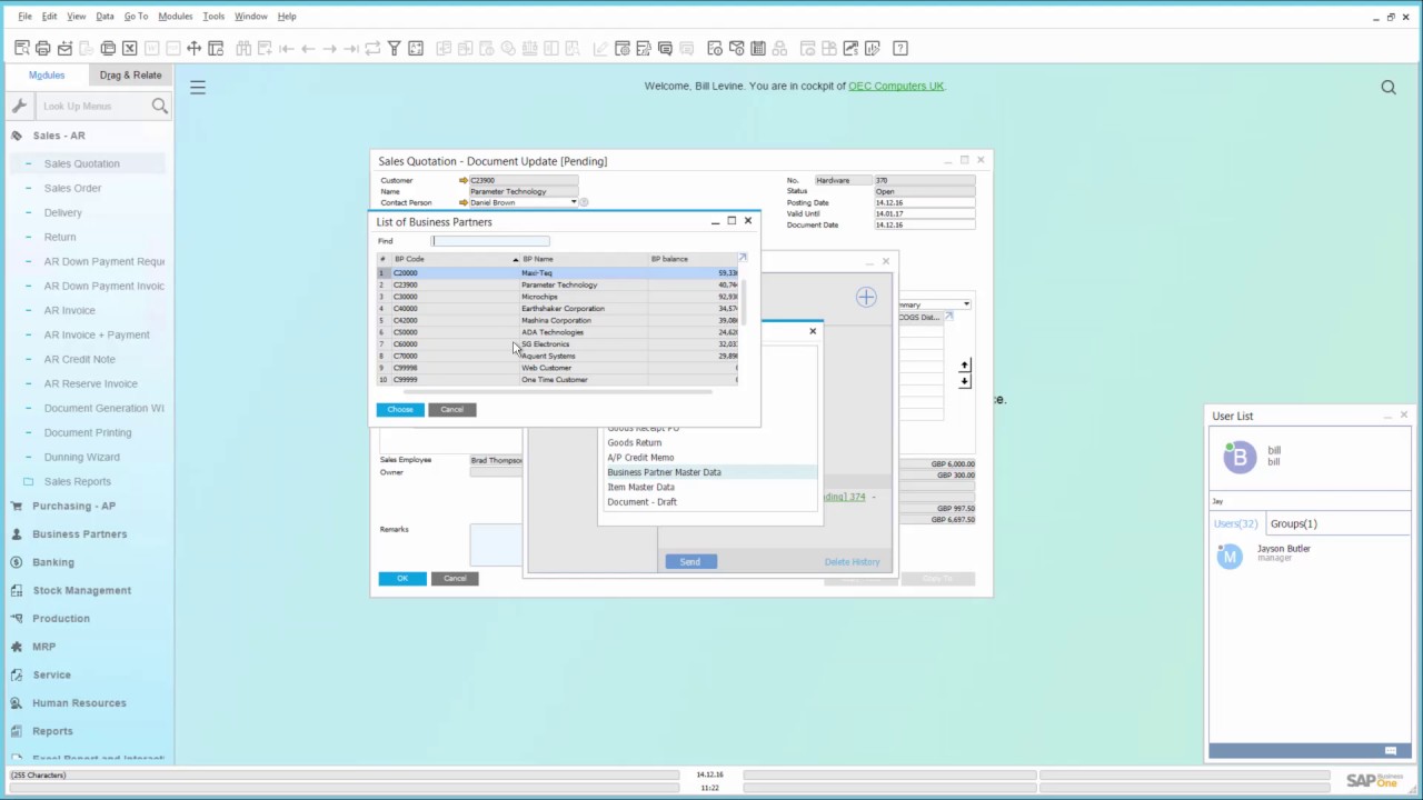 SAP Business One build-in live chat window
