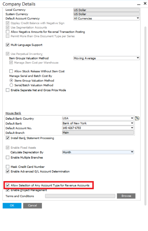 no restriction when setting revenue accounts in SAP Business One