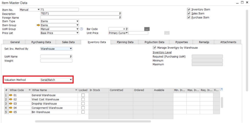 serial/batch valuation method in SAP Business One - 3